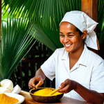 A woman, fully clothed in modest, comfortable attire, engaged in an authentic Creole cooking class inside a warm, inviting family kitchen in Seychelles. A friendly, smiling local Seychellois chef, also fully clothed in appropriate attire, is patiently guiding her as she grates fresh coconut using traditional tools. The kitchen is filled with vibrant fresh spices like cinnamon sticks and turmeric, and various tropical ingredients. The scene emphasizes cultural exchange and the joy of hands-on learning, illuminated by natural light. safe for work, appropriate content, family-friendly, perfect anatomy, correct proportions, natural pose, well-formed hands, proper finger count, natural body proportions, professional photography, high quality.