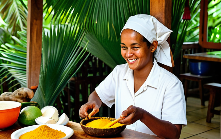A woman, fully clothed in modest, comfortable attire, engaged in an authentic Creole cooking class inside a warm, inviting family kitchen in Seychelles. A friendly, smiling local Seychellois chef, also fully clothed in appropriate attire, is patiently guiding her as she grates fresh coconut using traditional tools. The kitchen is filled with vibrant fresh spices like cinnamon sticks and turmeric, and various tropical ingredients. The scene emphasizes cultural exchange and the joy of hands-on learning, illuminated by natural light. safe for work, appropriate content, family-friendly, perfect anatomy, correct proportions, natural pose, well-formed hands, proper finger count, natural body proportions, professional photography, high quality.