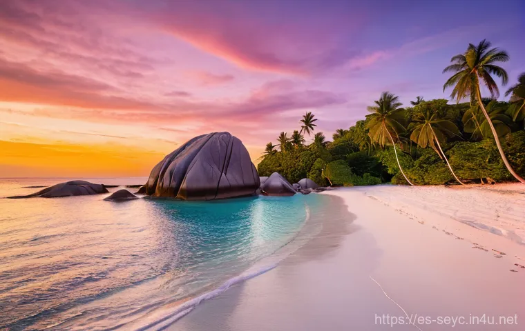세이셸 관광객 수 통계 - **Prompt:** A serene and picturesque scene on La Digue Island, Seychelles, depicting Anse Source d'A...