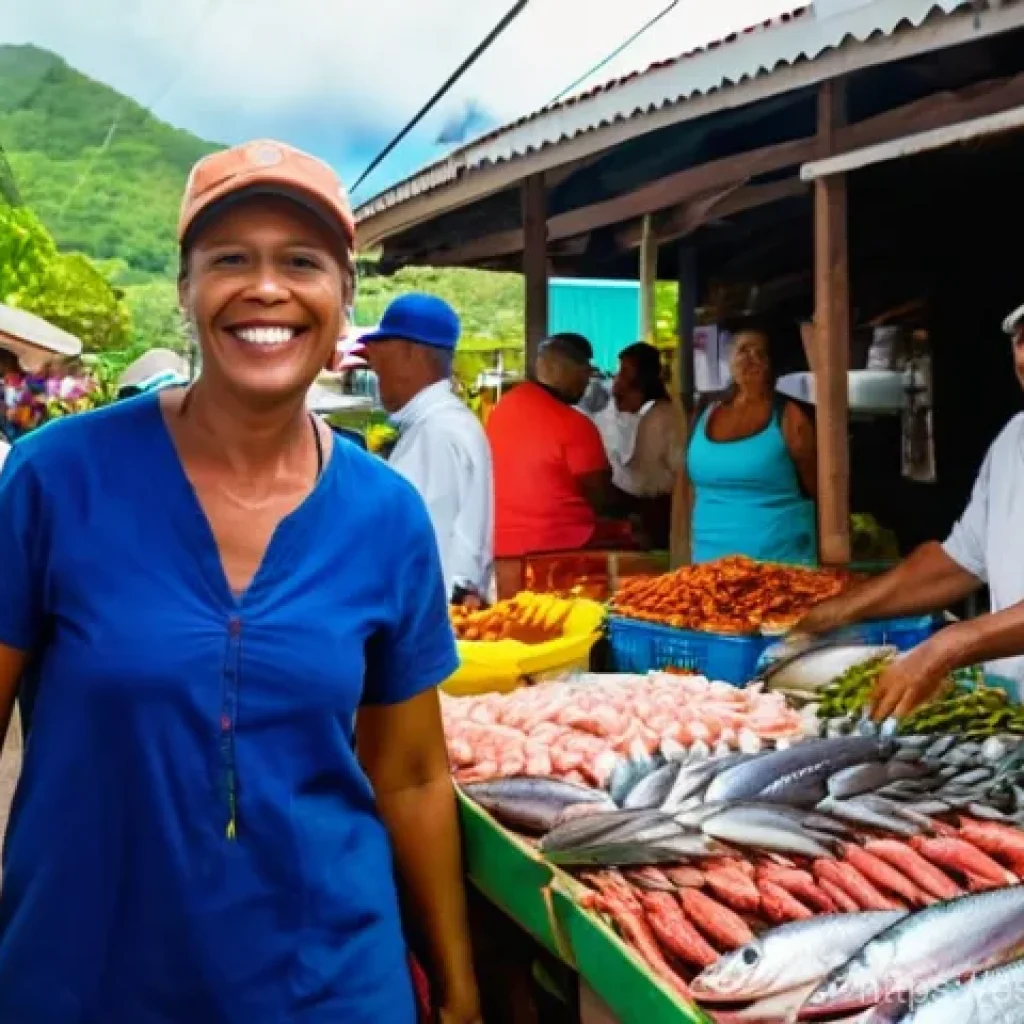 세이셸 전통음식 소개 - **Vibrant Seychellois Market and Fresh Catch:** A bustling, sunlit outdoor market in Victoria, Seych...