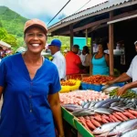 Home 19 세이셸 전통음식 소개 - **Vibrant Seychellois Market and Fresh Catch:** A bustling, sunlit outdoor market in Victoria, Seych...