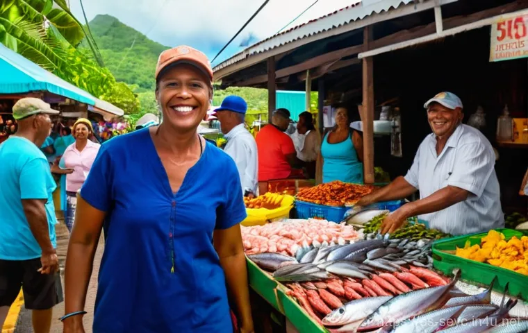 세이셸 전통음식 소개 - **Vibrant Seychellois Market and Fresh Catch:** A bustling, sunlit outdoor market in Victoria, Seych...