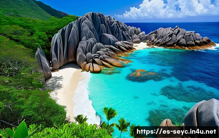 세이셸 혼잡하지 않은 비밀 스팟 - Anse Marron's Secluded Beauty**
A breathtaking, slightly elevated view capturing the untouched beau...