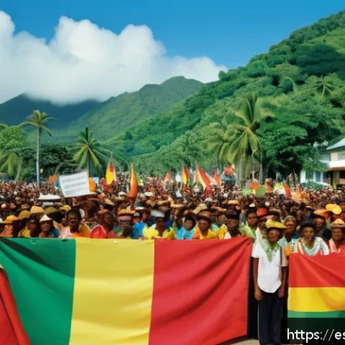 Home 15 세이셸 독립운동 이야기 - A vibrant scene depicting a peaceful independence rally in Seychelles during the 1970s, with diverse...