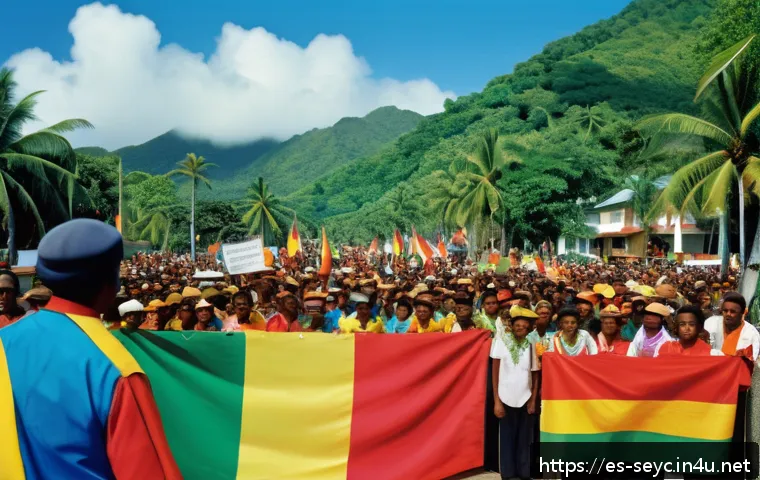 세이셸 독립운동 이야기 - A vibrant scene depicting a peaceful independence rally in Seychelles during the 1970s, with diverse...