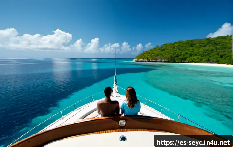 세이셸 프라이빗 요트 투어 - Photorealistic private yacht tour in Seychelles, elegant white motor yacht gliding across crystal-cl...