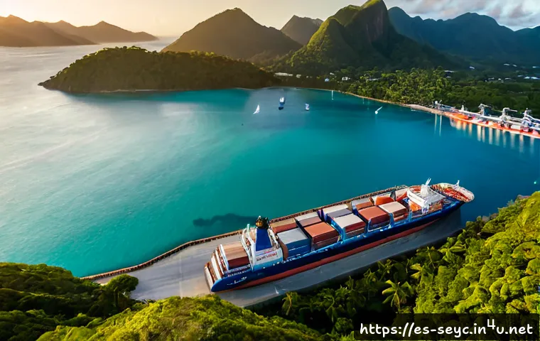 세이셸 주요 항구와 선박 운항 - Photorealistic aerial view of Port Victoria in Seychelles at sunrise, a modern cargo vessel docking ...